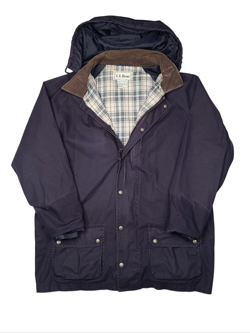 Vtg LL Bean Jacket Mens L Blue Canvas Chore Field Barn Hooded Coat Flannel Lined